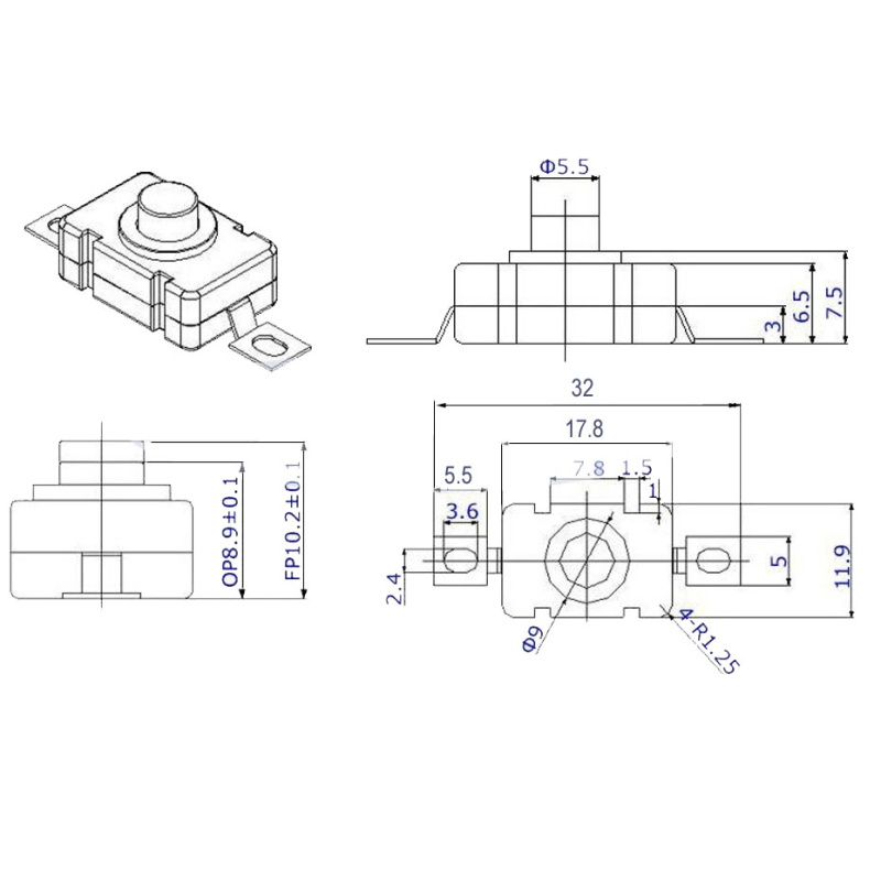 Push Button, On/Off Switch, With Screw Holes For Surface Mounting